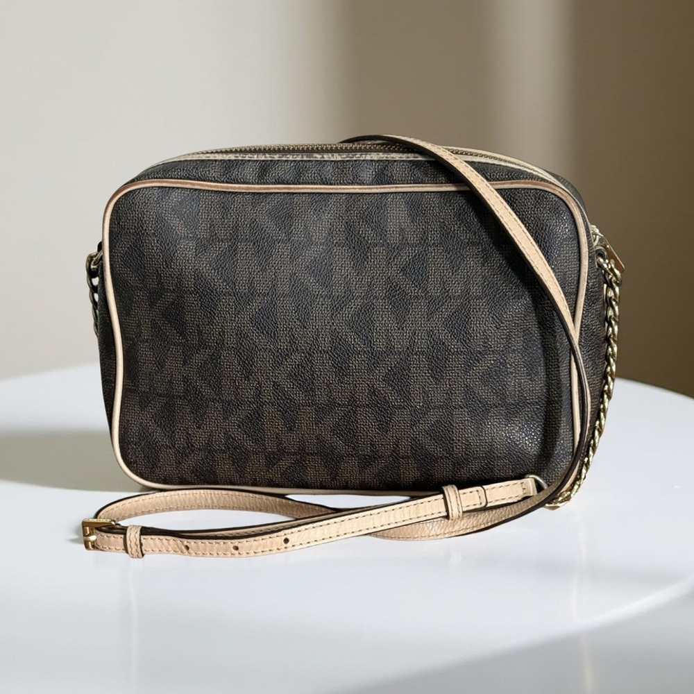 Michael Kors Brown Signature Monogram Crossbody Bag with Gold Accents - Picture 2 of 9